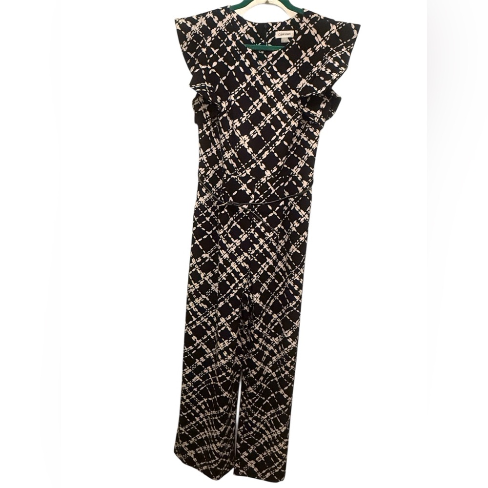 Calvin Klein Black and Cream Geometric Flutter-Sleeve Jumpsuit